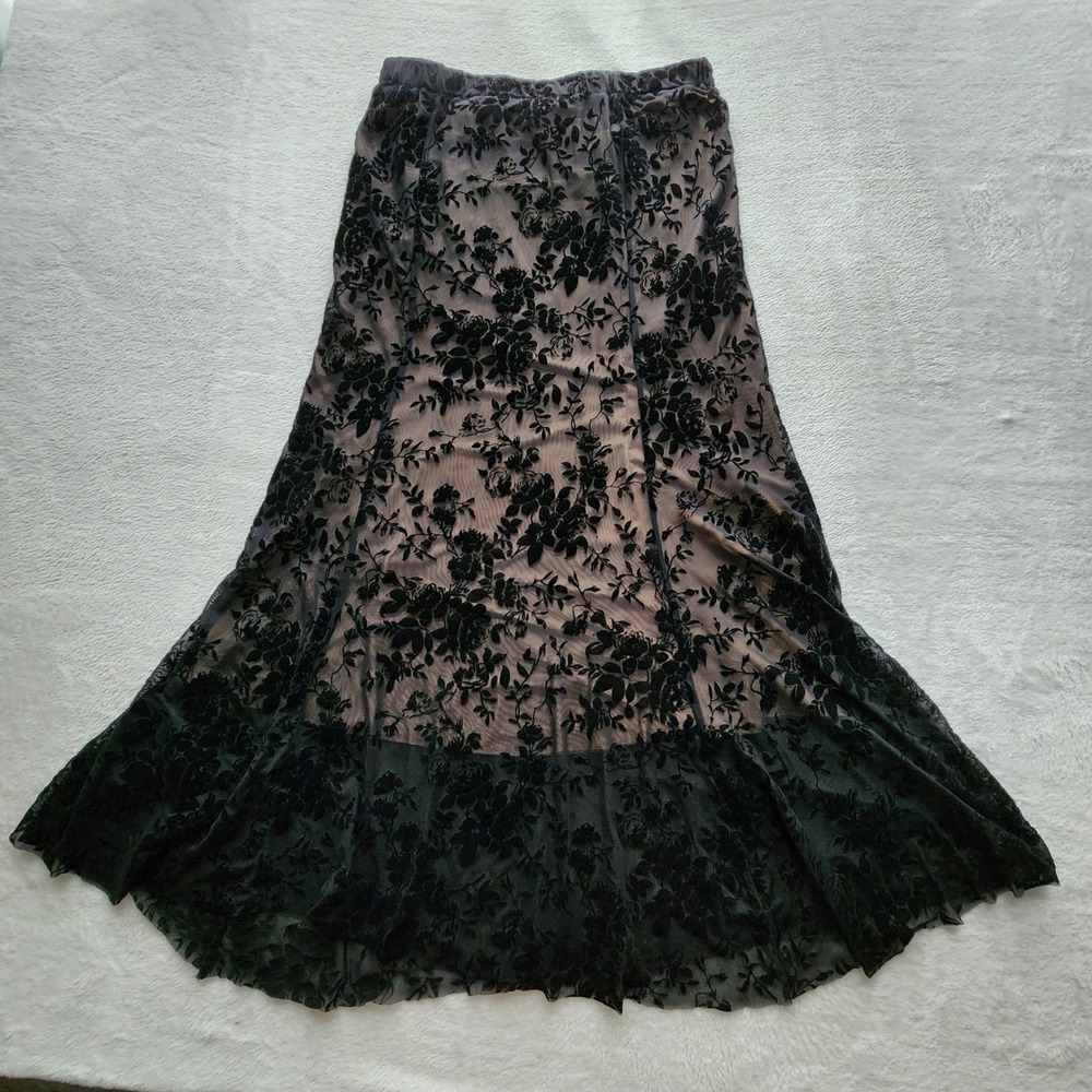 Velvet Burnout Maxi Skirt Womens XL Black Floral Whimsigoth Goth Witchy Romantic